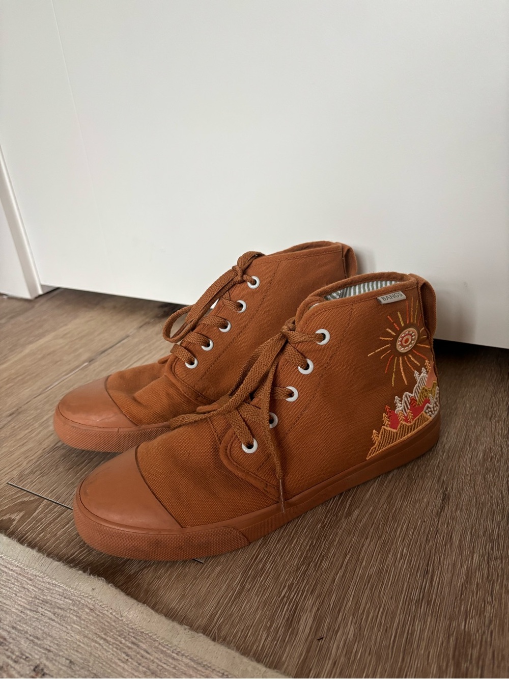 Bangs High-Top Canvas Sneakers in Burnt Orange with Embroidered Sun Detail